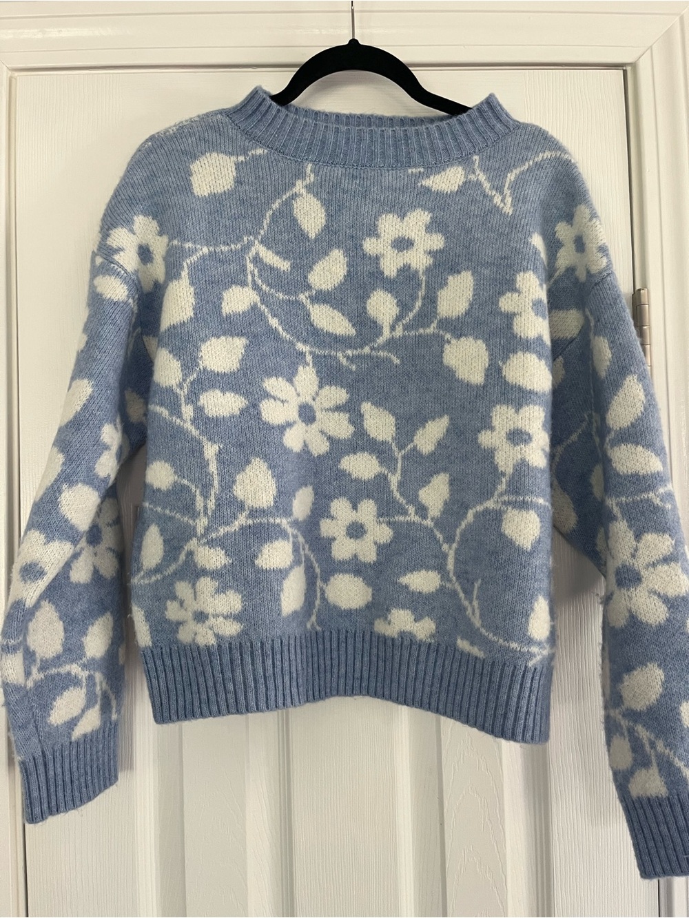 Francesca's Collections Blue and White Floral Crewneck Sweater